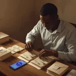 Jeune homme africain qui organise son épargne avec un salaire de 150 000 FCFA en répartissant ses billets dans des enveloppes