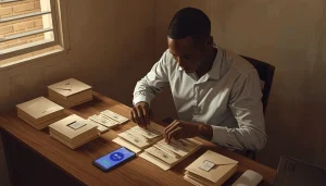 Jeune homme africain qui organise son épargne avec un salaire de 150 000 FCFA en répartissant ses billets dans des enveloppes