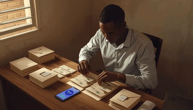 Jeune homme africain qui organise son épargne avec un salaire de 150 000 FCFA en répartissant ses billets dans des enveloppes