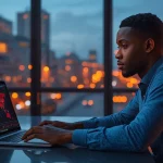 Jeune homme africain analysant un ETF monde sur son ordinateur pour investir en bourse depuis l'Afrique