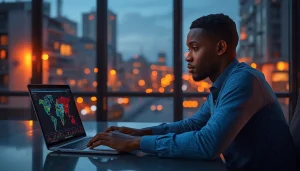 Jeune homme africain analysant un ETF monde sur son ordinateur pour investir en bourse depuis l'Afrique