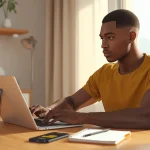 Jeune homme ivoirien débutant le freelance depuis Abidjan sur son ordinateur portable