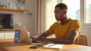 Jeune homme ivoirien débutant le freelance depuis Abidjan sur son ordinateur portable