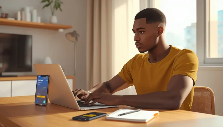 Jeune homme ivoirien débutant le freelance depuis Abidjan sur son ordinateur portable