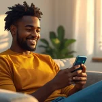 Jeune homme ivoirien souriant en regardant son téléphone pour gagner de l'argent en ligne depuis Abidjan