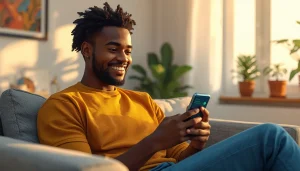 Jeune homme ivoirien souriant en regardant son téléphone pour gagner de l'argent en ligne depuis Abidjan