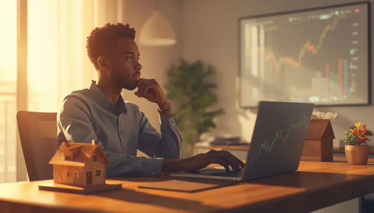Jeune homme africain qui compare l'investissement immobilier et la bourse sur son bureau à Abidjan