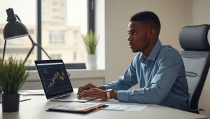 Jeune homme ivoirien consultant ses obligations fiscales liées à ses gains crypto sur ordinateur à Abidjan