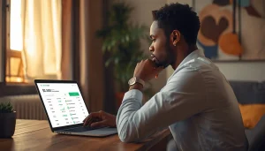 Jeune homme africain cherchant à accéder à Nalo Cashbee ou Livret A depuis l'Afrique sur son ordinateur