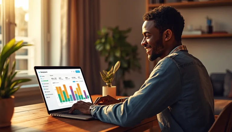 Jeune homme africain utilisant Notion gratuitement pour gérer son budget sur un ordinateur portable
