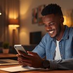 Jeune Ivoirien ouvrant un compte bancaire en ligne depuis son smartphone à Abidjan