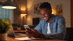 Jeune Ivoirien ouvrant un compte bancaire en ligne depuis son smartphone à Abidjan