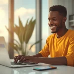 Jeune entrepreneur africain recevant un paiement international via PayPal et Payoneer depuis son domicile à Abidjan