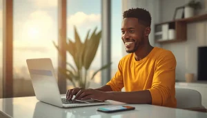 Jeune entrepreneur africain recevant un paiement international via PayPal et Payoneer depuis son domicile à Abidjan