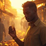 Jeune homme africain tenant un lingot d'or à Abidjan pour se protéger de l'inflation en 2026