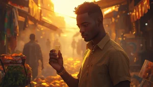Jeune homme africain tenant un lingot d'or à Abidjan pour se protéger de l'inflation en 2026