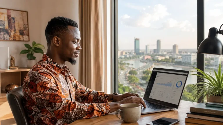 Jeune freelance ivoirien gérant son compte d'affiliation Awin Europe depuis Abidjan pour gagner en euros