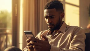 Jeune homme sénégalais inquiet regardant un SMS suspect sur son téléphone — arnaques MoMo Sénégal