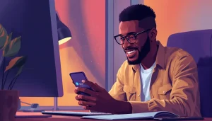 Jeune entrepreneur ivoirien consultant son canal Telegram business sur smartphone pour générer des revenus en FCFA