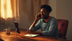 Jeune homme africain créant un podcast sur Anchor depuis son téléphone pour monétiser sa voix et gagner 50 000 FCFA par mois