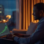 Jeune homme ivoirien utilisant une plateforme de crowdfunding pour prêter 100 000 FCFA en sécurité depuis Abidjan