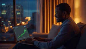 Jeune homme ivoirien utilisant une plateforme de crowdfunding pour prêter 100 000 FCFA en sécurité depuis Abidjan