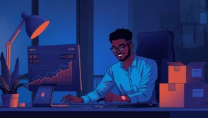 Jeune entrepreneur ivoirien gérant son business de dropshipping Jumia et AliExpress depuis Abidjan avec un tableau de ventes en FCFA