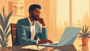 Jeune entrepreneur africain calculant le prix de ses services freelance à son bureau