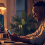 Jeune entrepreneur africain utilisant Habitica pour gamifier ses objectifs financiers et atteindre 300k FCFA par mois