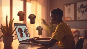 Jeune entrepreneur africain créant des designs print-on-demand sur Teespring depuis Abidjan pour gagner en FCFA