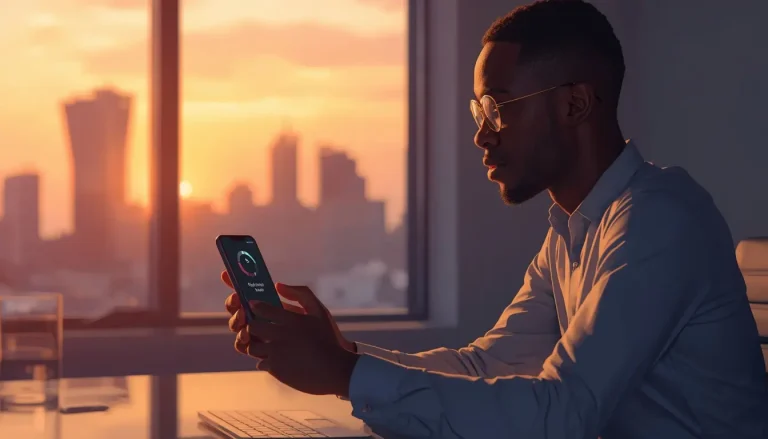 Jeune homme africain qui suit son plan de remboursement de crédit Wave sur son téléphone pour rembourser 100k FCFA plus vite
