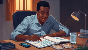 Jeune salarié camerounais gérant son budget de 120 000 FCFA à Douala avec un cahier et son téléphone MTN MoMo