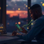 Jeune homme africain consultant ses gains en stablecoins USDT sur smartphone avec intérêts en FCFA depuis Abidjan