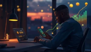 Jeune homme africain consultant ses gains en stablecoins USDT sur smartphone avec intérêts en FCFA depuis Abidjan