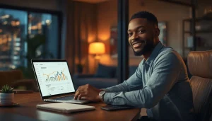 Jeune entrepreneur africain regardant son tableau de vente Gumroad sur ordinateur portable pour générer des revenus passifs en vendant un ebook depuis l'Afrique