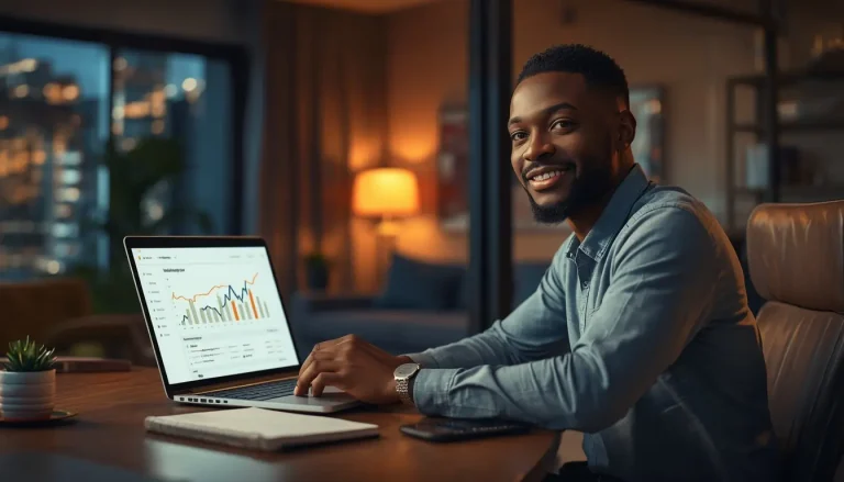 Jeune entrepreneur africain regardant son tableau de vente Gumroad sur ordinateur portable pour générer des revenus passifs en vendant un ebook depuis l'Afrique