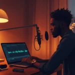 Jeune podcasteur africain utilisant Voice AI et Otter.ai pour transcrire et produire son podcast plus vite depuis Abidjan