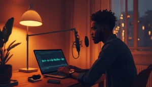 Jeune podcasteur africain utilisant Voice AI et Otter.ai pour transcrire et produire son podcast plus vite depuis Abidjan