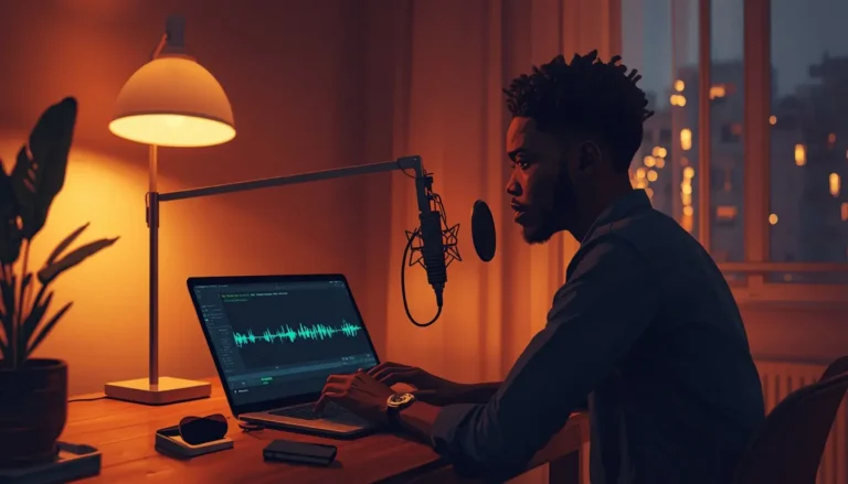 Jeune podcasteur africain utilisant Voice AI et Otter.ai pour transcrire et produire son podcast plus vite depuis Abidjan
