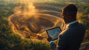 Actions minières Afrique de l'Ouest en 2026 — investisseur africain devant une mine d'or en Côte d'Ivoire avec graphiques boursiers en hausse
