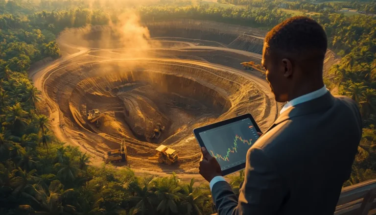 Actions minières Afrique de l'Ouest en 2026 — investisseur africain devant une mine d'or en Côte d'Ivoire avec graphiques boursiers en hausse