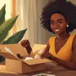Jeune femme africaine ouvrant une box cosmétiques africains naturels avec karité et savon artisanal à Abidjan