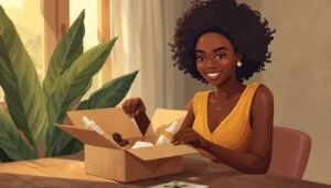 Jeune femme africaine ouvrant une box cosmétiques africains naturels avec karité et savon artisanal à Abidjan