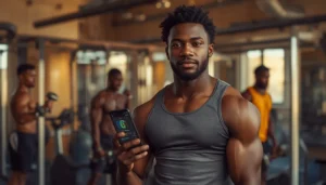 Coach transformation physique hommes en Côte d'Ivoire montrant un programme de fitness sur smartphone dans une salle de sport d'Abidjan