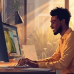 Jeune freelance ivoirien rédigeant un cold email sur son ordinateur pour décrocher des clients depuis Abidjan