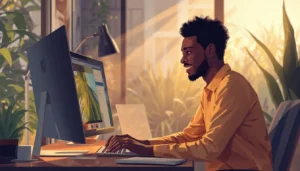 Jeune freelance ivoirien rédigeant un cold email sur son ordinateur pour décrocher des clients depuis Abidjan