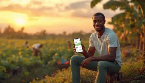 Jeune investisseur ivoirien consultant une application de crowdfunding agricole sur son téléphone au bord d'une plantation