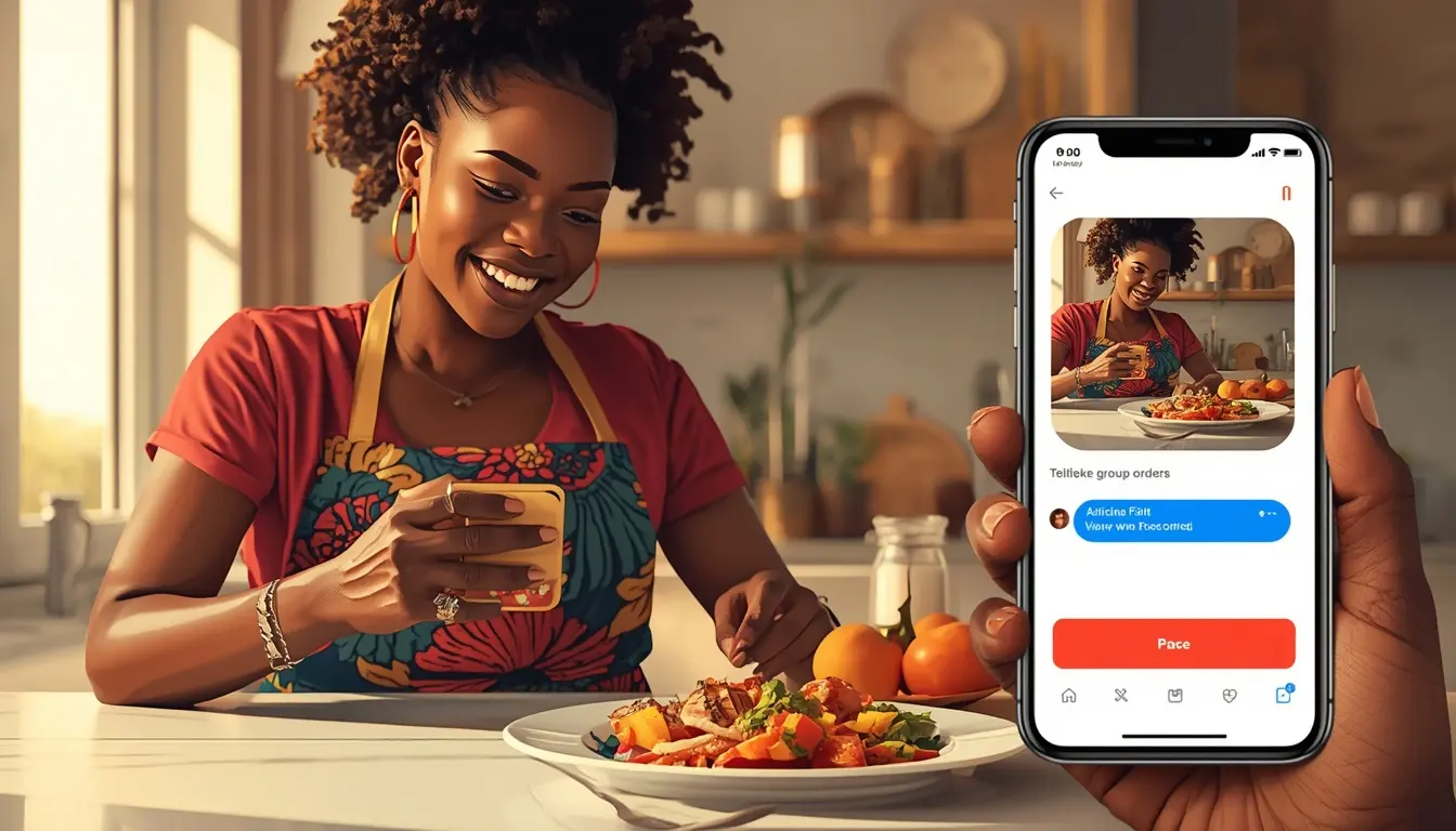 Jeune femme africaine préparant ses plats maison pour son food delivery via Telegram avec paiement Wave en Côte d'Ivoire