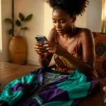 Jeune femme à Abidjan prenant en photo des vêtements de friperie pour les vendre sur WhatsApp Business depuis son appartement