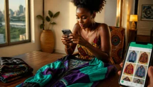 Jeune femme à Abidjan prenant en photo des vêtements de friperie pour les vendre sur WhatsApp Business depuis son appartement
